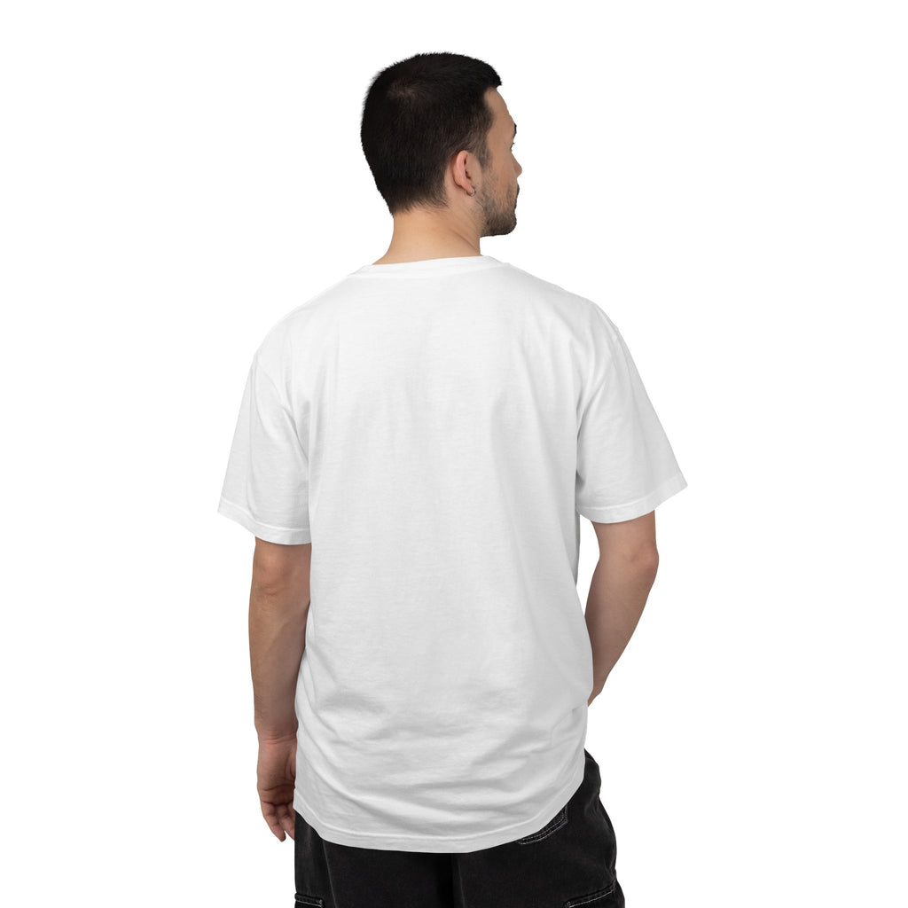 Back of man wearing a plain white t-shirt on a white background