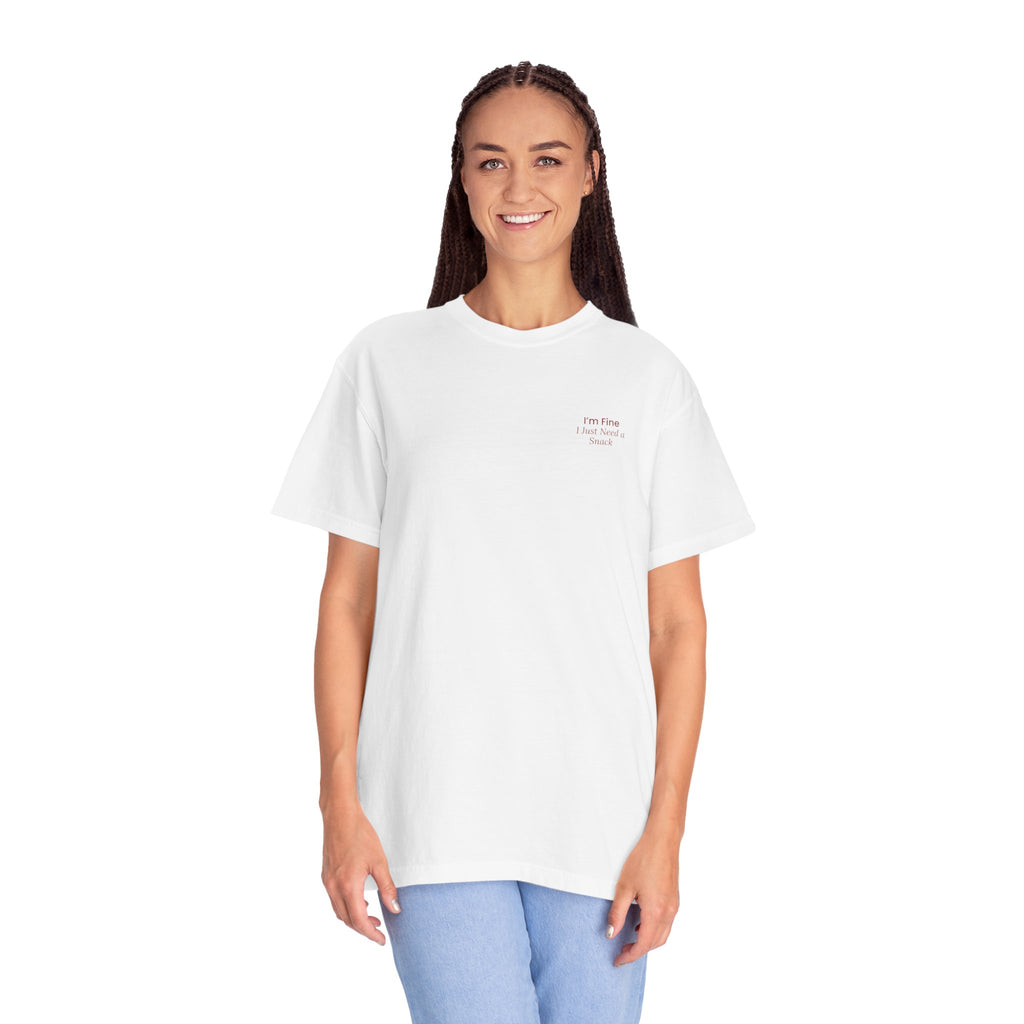 Woman wearing a white t-shirt with text 'I'm Fine, I Just Need a Snack' on a white background
