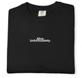 Black t-shirt with 'Alive. Unfortunately.' text on a white background